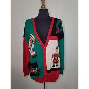 VTG Work In Progress Cardigan Sweater Knit Women Sz 2X Holiday Mistletoe Santa